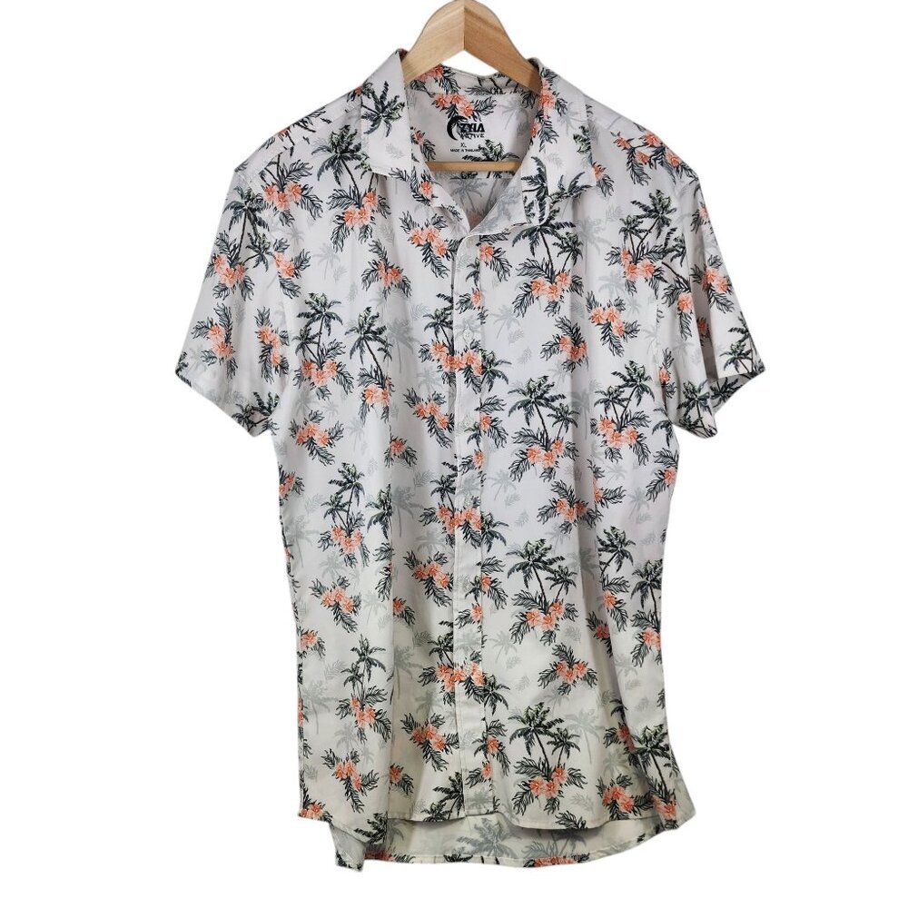 ZYIA Active Button Down Mens XL White Floral‎ Palm Tree Tropical Stretch Shirt